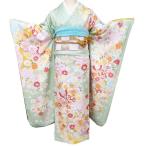 ショッピング着物 振袖 着物 中古 正絹 金駒刺繍 花模様 桜 菊 地模様 銀通し 若緑色 多色 金 身丈175cm 裄75.5cm L トール きもの北條 A1184-2