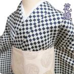 琉球 花織 小紋 着物 中古 正絹 袷 カジュアル 市松柄 灰黄緑色 褐返色 身丈167.5cm 裄67cm L トール きもの北條 A1231-3