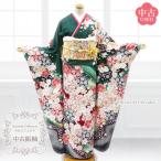 【中古】 振袖 正絹 中古 ランクS 緑 黒 鹿の子 桜尽くし お仕立て上がり 単品