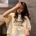 tシャツ レディース 夏 半袖 韓国 ロゴ カットソー Uネック トップスゾンチー ゆるTシャツ 丸首 プルオーバー カジュアル プリント ホワイト 白 黒 ブラック