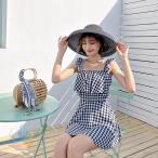 水着 レディース ワンピース 20代 30代 チェック オールインワン 夏休みゾンチー体型カバー シンプル カジュアル 半袖 着痩せ 海水浴 春夏秋 通勤 通学 お出かけ