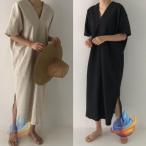 在庫一掃 レディース リネン Vネック スリット マキシ 大きいサイズ ゆったりゾンチー 綿麻混 夏 ロング おしゃれ きれいめ カジュアル 通勤 通学 春夏 秋冬