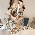ブラウス レディース 半袖 シャツ 花柄 シフォン プルオーバー Vネック フレア袖ゾンチーゆったり 海 母の日 ひんやり 体型カバー きれいめ 可愛い 着回し 上品