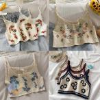 トップス レディース 韓国ファッション キャミ 刺繍 編み レース レイヤードゾンチーかわいい ガーリー 花柄 モチーフ ビスチェ フェミニン 体型カバー