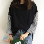 ブラウス Tシャツ レディース 長袖 シャツ トップス 異素材 切り替えゾンチー無地 ストライプ サイドスリット ゆったり 通学通勤 カットソー 長袖ブラウス