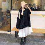 切り替えワンピース 半袖 黒白 フェイク2点 夏服 夏ワンピース TシャツワンピースゾンチーAライン フレア 重ね着風 膝下丈 ミモレ丈 低身長 春夏秋 通勤 通学