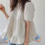 ブラウス シャツ レディース パフスリーブ ラウンドネック チュニック 半袖ゾンチーゆったり 体型カバー シャツブラウス フリル プルオーバー トップス 春夏秋