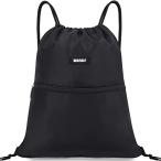 ショッピングナップサック [WANDF] ジムサック ナップサック 巾着 シューズ収納 防水 軽量 水泳 部活 運動 旅行 (ブラック)