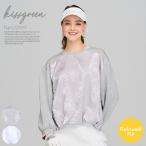 フラワー柄異素材ドッキングプルオーバー ゴルフウェア レディース フラワー柄の生地と裏毛風カットソーの異素材ドッキングプルオーバー リラックスフィット