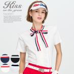 ゴルフウェア レディース ゴルフ 無地 半袖 シャツ / 配色リボン付きフリル半袖ポロシャツ / 着心地抜群 しっかり綿素材 / ゴルフウェア レディース