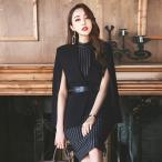 ワンピーススーツ レディース マント 2点セット タイトワンピース 膝丈 ストライプ ノースリーブ お洒落 スーツ 通勤 オフィス フォーマル 20代 30代 40代