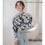ブラウス レディース 長袖 花柄 シャツブラウス 袖レース トップス 春 秋 スタンドカラーシャツ フリルネック フリル襟ブラウス カジュアル
