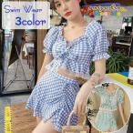  купальный костюм танкини раздельный плавание одежда 2 позиций комплект в клетку оборка кружевная лента короткий рукав пуховка рукав квадратное шея gya The - мини-юбка 