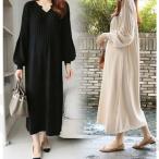 ニットワンピース 秋冬 ロングワンピ おしゃれ レディース キーネック 長袖 プリーツ あったかい ボリューム袖 きれいめ 可愛い 着痩せ ナチュラル
