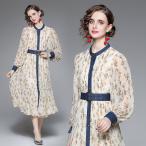 デニムベルト付き小花柄シフォンワン...