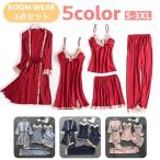 ルームウェア 5点セット レディース キャミソール スリップ ガウン ロングパンツ 長ズボン ショートパンツ サテン調 大きいサイズあり パジャマ ネ