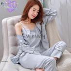 シルクパジャマ レディース 上下 3点セット セットアップ インナー キャミソール ルームウェア 部屋着 長袖 前開き 大人 可愛い 春 夏 秋 冬