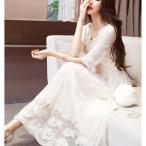 白ワンピース マキシワンピ 7分袖 レース ワンピース レディース リゾート夏ロング丈 ホワイト パーティードレス 結婚式 大人 女性 謝恩会