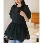 ブラウス 白 黒 レディース ボリューム袖 半袖ブラウス ペプラム シアー ギンガムチェック オーガンジー C7056