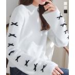 セール ニット シャギー トップス レディース フレアスリーブ モックネック 30代 40代 リボン セーター C7345