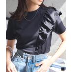 tシャツ レディース 半袖 綿混 フリル フリル アシメ トップス 40代 ドッキングトップス 50代 白 黒 C7454