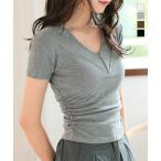 Tシャツ レディース トップス Vネック クロップド ショート丈 骨スト 白 黒 グレー サイドシャーリング C7636