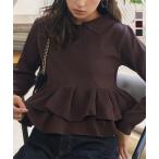 ニット トップス レディース ポロニット ショート丈 グレー チャコール ブラウン 裾フリル 長袖 C7688送料無料