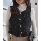 ショッピング神戸 レタス 日替わりセール ベスト ジレ レディース ツイード ゴールドボタン ショート丈 クロップド ノースリーブジャケット レイヤード C7773送料無料