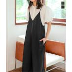 パンツ ロング丈 レディース サロペット オールインワン 50代 40代 ワイドパンツ サテン Vカット E3494