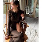 ワンピース 長袖 冬 きれいめ 岡部あゆみさんコラボ レディース ニット 40代 50代 無地 膝下丈 シャギー 上品 スリット 秋 E3540