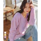 ショッピング神戸 レタス ニット トップス レディース Vネック シャギー 40代 30代 50代 セーター 長袖 ふわふわ 無地 パープル イエロー N1140