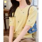 トップス レディース 40代 上品 サマーニット 半袖 パフスリーブ 花柄 小花柄 50代 クルーネック N1196