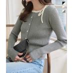 カーディガン レディース きれいめ リブニット トップス 長袖 ニット セーター リボン 40代 50代 N1319