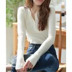 リブニット ヘンリーネック レディース トップス 長袖 インナー 50代 40代 クルーネック VネックN1321