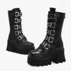 暗黒風 ロングブーツ 厚底 編み上げブーツ ベルト パンクシューズ ゴシック ロリータ靴 ゴシックィン靴 ロングブーツ レディース ベルトブーツ 厚底