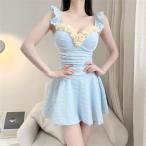 レディース 水着 ワンピース水着 ビーチウェア ライトブルー 学生 花柄 フリル 可愛い プール 温泉 旅行 インナーパンツ付き 水泳 海辺 夏 女子水着