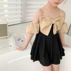 ショッピングビーチウェア キッズ水着 子供ワンピース水着 リボン フリル ノースリーブ プリンセス ガールズ 水泳 ビーチウェア 無地 プール 夏 女の子水着