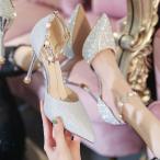 パンプス レディース ハイヒール パーティー靴 結婚式 アンクルストラップ 発表会 クラブ 5-9cm ポインテッドトゥ ラインストーン お呼ばれ女子シューズ