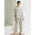 パジャマ レディース ダブルガーゼ 七分袖 長ズボン チェック グレー ピンク コットン クルーネック 部屋着 春 夏 秋 シンプル ウエストゴム