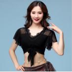 レディース ベリーダンスウェア トップス フィットネス ヨガウェア ショート丈 Vネック ブラック 2way レース レッスンウェア ステージ衣装