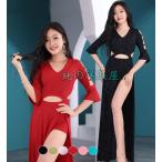 ベリーダンス ワンピース 社交ダンス ロング丈 ワンピース 練習着 レッスン着 系 Ｖネック 半袖 袖フリル サイドスリット 穴開け ラメ入り エレガント B