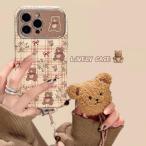 スマホケース 韓国 iphone15 ケース 熊くま ストラップ カーキ ブラウン 全機種対応 韓国 iphone14pro iphone14promax iphone13 iphone12 1