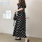 ドット ワンピース ロング丈 水玉 ガーリー 半袖 リゾート カジュアル デート服 ラウンドネック ゆったり 楽ちん 締め付けなし フェミニン 大人
