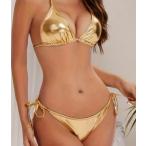 レディースビキニセット ゴールド ファッション水着 調節可能な三角形トップ タイサイドボトム ビーチウェア