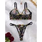 レディース プラスサイズ セクシー ランジェリー セット プラスサイズ 花柄刺繍 透け感 メッシュ ブラ &amp; Tバック ランジェリー 2点セット 大きいサイズ