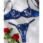 花柄刺繍 シースルーランジェリーセット ブルー ブラ&amp;Tバック レディースセクシーランジェリー&amp;下着
