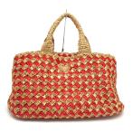 プラダ PRADA カナパ BN2302 ラフィア トートバッグ ベージュ×レッド