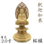 仏像 釈迦如来 座像 2.0寸 飛天光背 八角台 総高22cm 柘植