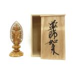 仏像 薬師如来 立像 4.5寸 総高25cm 飛天光背 八角低台 紅檀切金付 桐箱付き