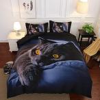 Erosebridal カートゥーン 黒猫 クイーン 3D 寝具セット 子供用 ネイビー アニマルプリント 掛け布団カバーセット かわいい装飾 3ピース ティーンズ ガール